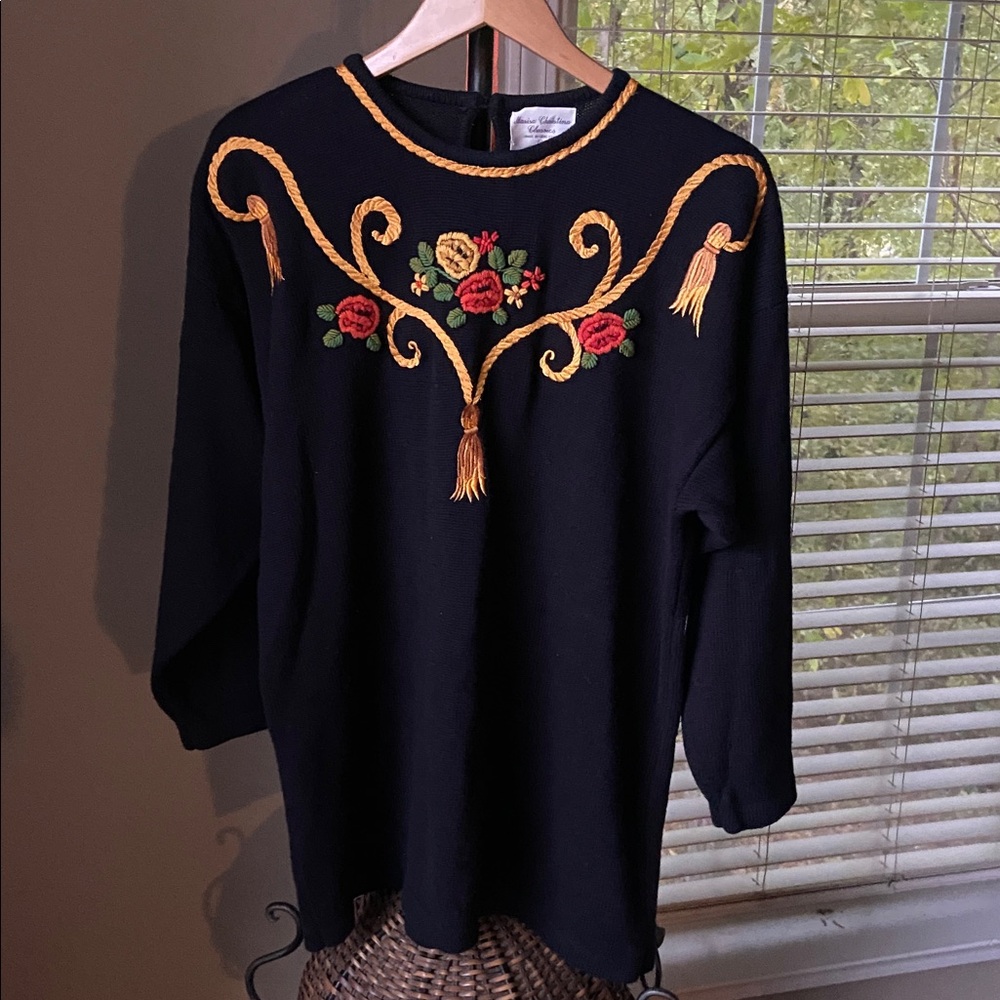 Marisa Christina Classics vintage 80s Women's Black knit sweater Sz XL tassel
